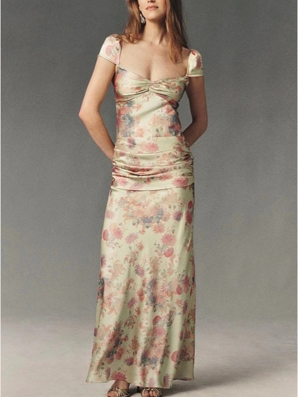 BHLDN June Ruched Maxi Slip Dress Green & Pink